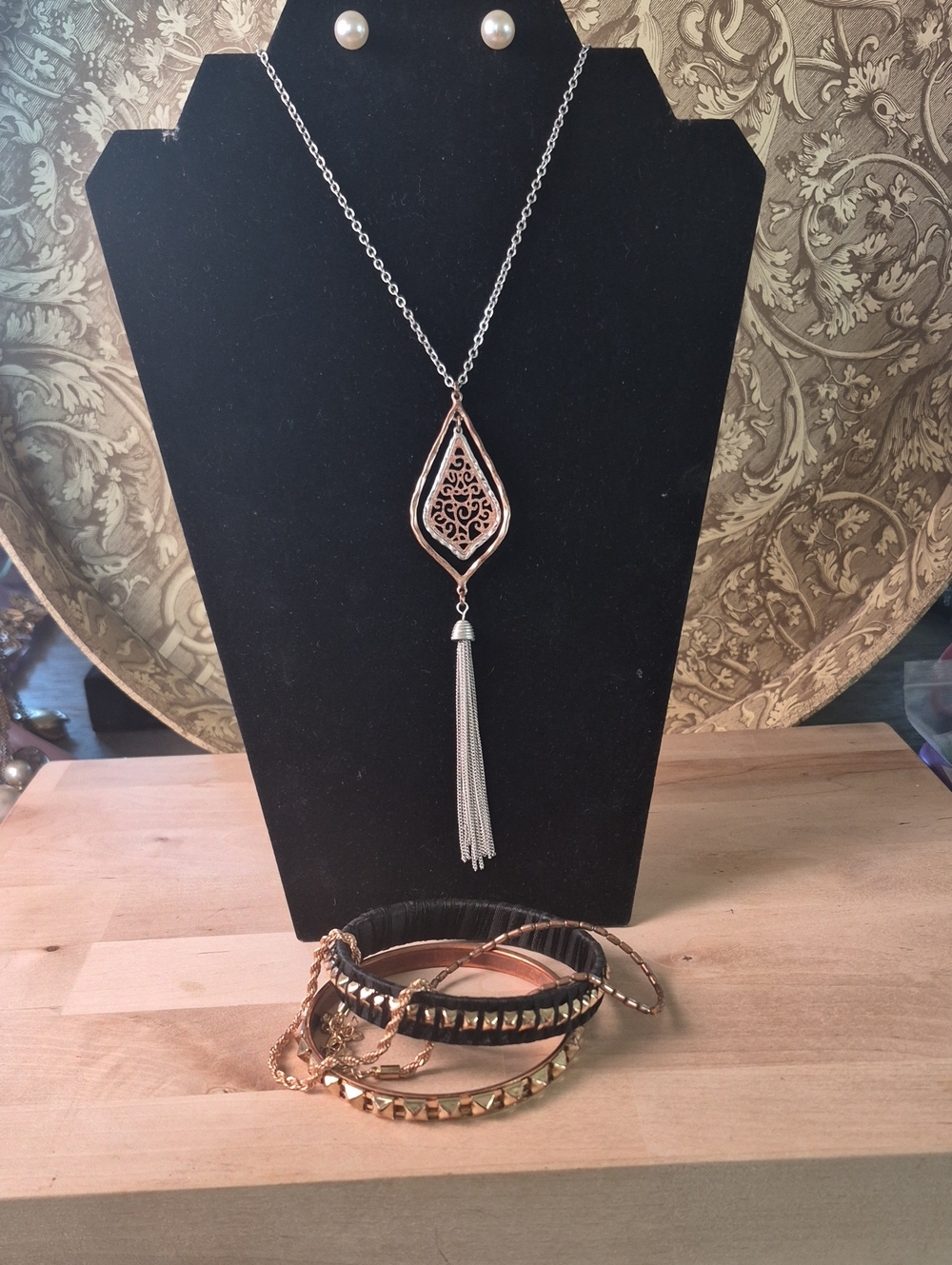 Two-Tone Teardrop Tassel Necklace with Matching Bracelet Stack